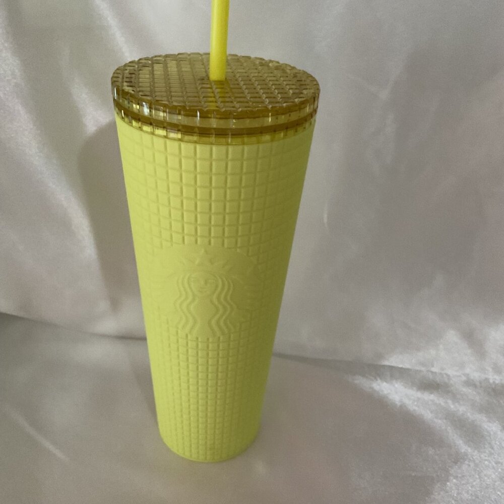 Starbucks Yellow Grid Textured Tumbler With Lid & Straw 24 Oz Cold Cup Summer Ed